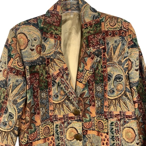 Vintage 90s Sun and Moon Celestial Tapestry Lined 3-Button Blazer - Picture 2 of 11